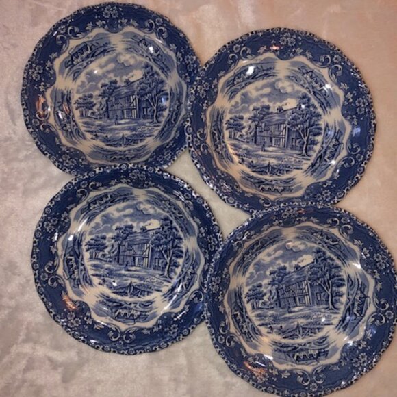 W. H. Grindley & Co. Blue & White Porcelain Cereal Bowls; "English Country Inns" - Picture 1 of 6